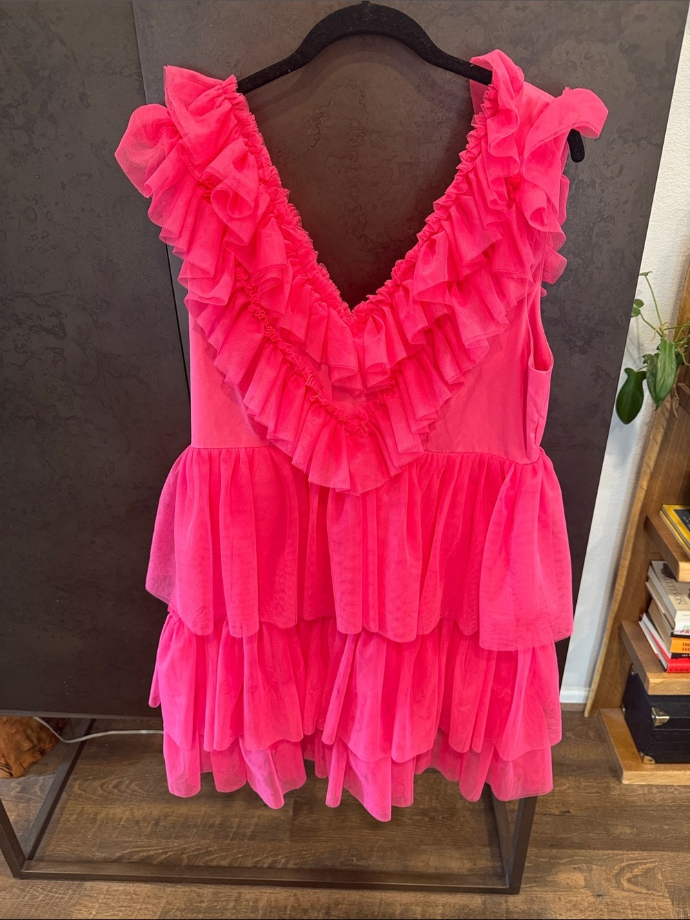 Ruffled V-Neck Tiered Dress - Hot Pink